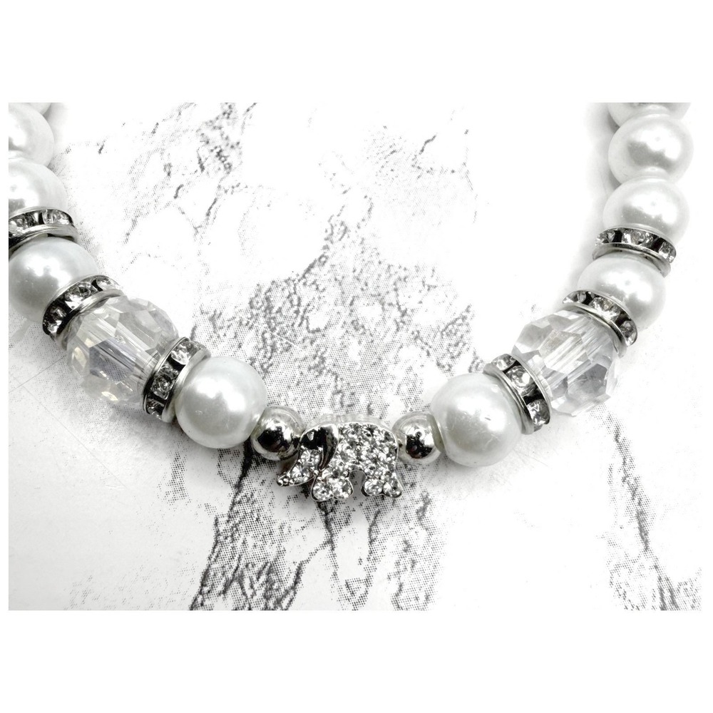 White 8mm Bead Rhinestone Elephant Silver Tone Pendant Necklace 18-20"‎